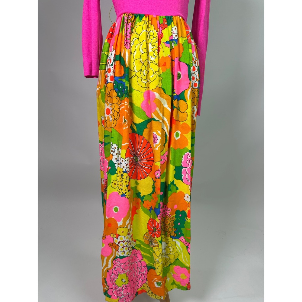 Vintage 1960s Pink Floral Maxi Dress Mod Psychedelic Long Sleeve Retro 60s - Picture 4 of 10